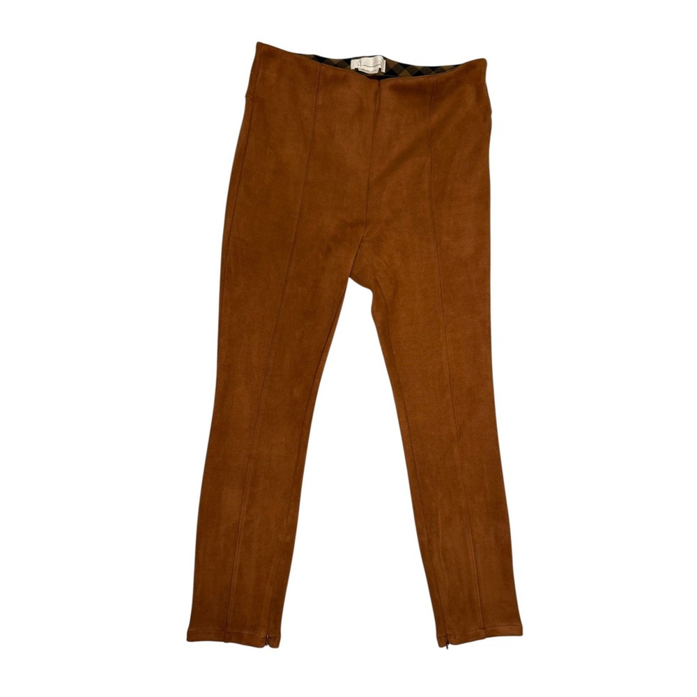 Anthropologie Faux Suede Leggings Cognac Brown Pintuck Ankle Zip Pants Size 30